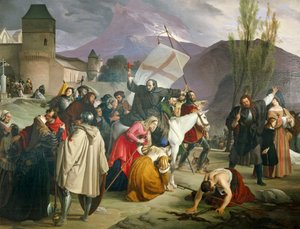 Peter Eremitt rir på hvitt muldyr med krusifiks i hånden og sirkulerer gjennom byer og landsbyer og forkynner korstog av Francesco Hayez