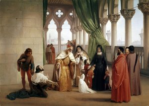 The Two Foscari: Francesco Foscari, doge av Venezia som forviser sønnen Jacopo på siktelse for forræderisk korrespondanse mens han var i eksil (olje på lerret, ca. 1852) av Francesco Hayez