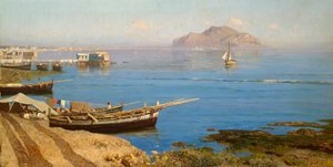 Marina med båt og fiskere, av Francesco Lojacono (1838-1915), olje på lerret, 61x118 cm av Francesco Lojacono