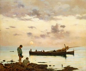 Marina med fiskebåt og gutter, av Francesco Lojacono (1838-1915), olje på lerret, 64x77 cm av Francesco Lojacono