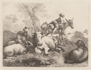 Gutt på et esel som passer på en gruppe dyr av Francesco Londonio