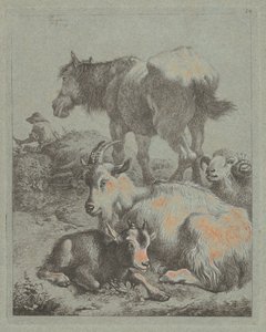 Hest, vær, geit med kid, i det fjerne en hyrde med flokk, 1759. av Francesco Londonio