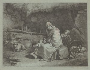 Interiør i en stall med en sittende spinner og sovende barn, 17591782. av Francesco Londonio