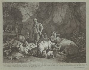 Gammel, skallet hodegjeter, sittende gjetergutt og flokk