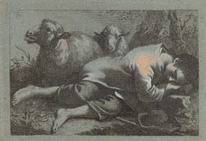 Bondegutt sover i nærheten av to sauer av Francesco Londonio