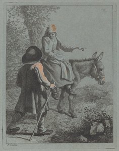 Bondekvinne sitter på et esel og en bondemann.