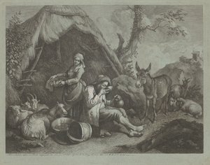 Sittende gammel mann og kvinne med en kurv med egg av Francesco Londonio