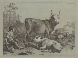Sittende hyrde med okse og okse, 1763. av Francesco Londonio