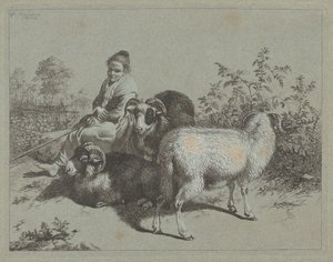 Sittende gjeterinne med tre værer, 1762. av Francesco Londonio
