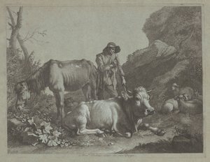 Hyrde hviler på en spaserstokk med en gammel hest og en liggende okse av Francesco Londonio