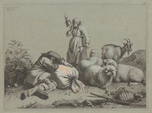 Sovende bonde og stående spinner, 1763. av Francesco Londonio
