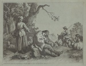 Sovende gjetergutt og kvinne med et barn, 17591782. av Francesco Londonio