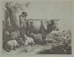 Stående ku og en gjetergutt med flokk av Francesco Londonio