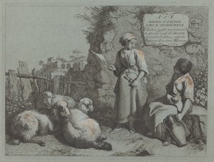 Two Girls Conversing: One Standing and Spinning, 1764. av Francesco Londonio