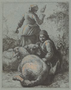 Kvinnespinner og en hyrde med flokk av Francesco Londonio