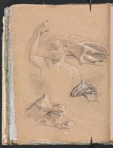 Verona Skissebok: Figur med løftet høyre arm og draperistudier (side 68) av Francesco Lorenzi