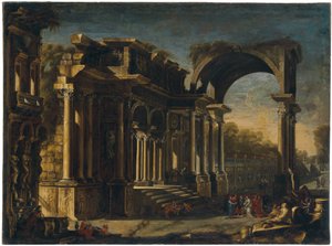 Capriccio med romerske ruiner og Kristus med kvinnen tatt i utroskap av Francesco Maglioli