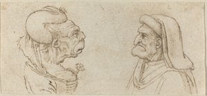 To groteske hoder av Francesco Melzi after Leonardo da Vinci