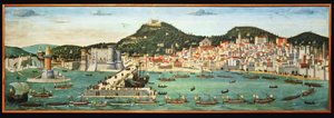 Tavola Strozzi som skildrer Napoli-havnen og den aragonesiske flåtens tilbakekomst fra slaget ved Ischia av Francesco Pagano