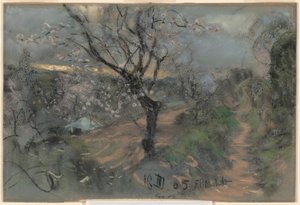 En skråningssti med blomstrende kirsebærtrær under en overskyet himmel av Francesco Paolo Michetti