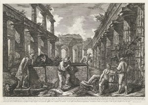 Titteltrykk med rester av Neptuntemplet ved Paestum med tittel på blokker Ulik utsikt over restene av tre store bygninger som fortsatt står ved Paestum (serietittel) Différentes vues de quelques hviler de trois grands édifices qui av Francesco Piranesi