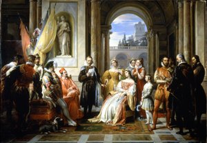 Torquato Tasso (Le Muche) leser sin Jerusalem-delivere (Det frigjorte Jerusalem) ved hoffet til Ferrara. Maleri av Francesco Podesti (1800-1895)
