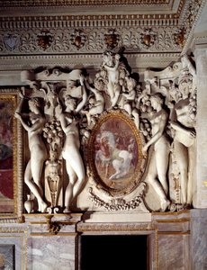 Arkitektur: detalj av rommet til Anne de Pisseleu hertuginne av Etampes (1508-1580), favoritten til Francois I, ved slottet Fontainebleau kjent som Kongens trapp. Realisert av Francesco Primaticcio dit Le Primatice (1504-1570) 1541 Fontainebleau, mu