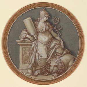Allegori om styrke (penn og brunt blekk med grå og brun vask, forhøyet med hvit gouache, over svart kritt)