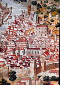 Pianta della Catena Detalj av et kart over byen Firenze kalt "Catena"" på grunn av kartets ramme i form av en kjede. Realisert av Francesco di Lorenzo Rosselli (1448-1513) i 1490. Firenze, Museo Firenze com 