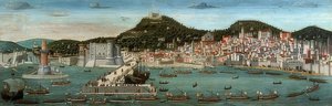 Tavola Strozzi. Utsikt over Napoli, den aragonesiske flåten gikk inn i havnen 12. juli 1465