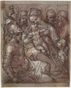 Jomfru Maria og Jesusbarnet med døperen Johannes som gutt, Bernardino av Siena (?), Katarina av Siena, erkeengelen Mikael og en skjeggete helgen