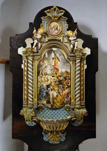 Stor helligvannsfont i malt majolica med sentral scene fra maleriet Adoration of the Magi av Francesco Solimena (1657-1747), Italia, 1900-tallet av Francesco Solimena