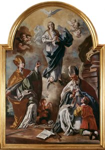 Den Hellige Ånds due vises over Jomfruen med helgener (olje på lerret av Francesco Solimena