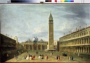 Markusplassen (San Marco) (eller Piazzetta) i Venezia med Markuskirken og Campanile. (Markusplassen i Venezia). Maleri av Francesco Tironi (1745-1797). Olje på lerret, 72 x 109 cm. Venetiansk kunst fra 1700-tallet. Statens Museum Ark