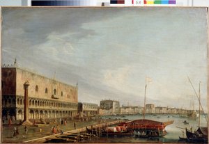 Utsikt over Markusplassen (Piazzetta) med Dogepalasset i Venezia (Utsikt over Markusplassen med Dogepalasset i Venezia). Maleri av Francesco Tironi (1745-1797). Olje på lerret, 73 x 111 cm. Venetiansk kunst fra 1700-tallet. Statens museum Arkhan