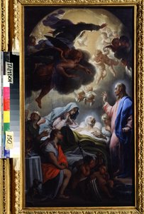 Josefs død (Josefs død). Representasjon av Den Hellige Treenighet: Jesus Kristus, Gud og Den Hellige Ånds due (Den Hellige Ånd). Maleri av Francesco Trevisani (1656-1746). Olje på lerret, 69,5 x 39,5 cm