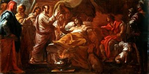 Studie for St. Matthew Resuscitating the Son of the King of Etiopia (olje på lerret) av Francesco Trevisani