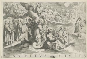 Kart over Siena (øverst til venstre) Senavetus civitas virginis (tittel på objekt)