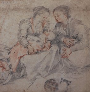 To kvinner og en baby med en katt (kritt)