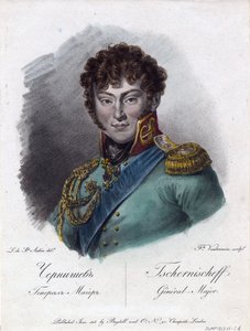 Portrett av grev Alexander Ivanovich Chernyshov (Prins Alexandre Ivanovitch Tchernychev ou Tchernychiov ou Czernichev) (1786-1857) - Vendramini, Francesco (1780-1856) - 1813 - Etsning, akvarell - 22,2x18, av Francesco Vendramini