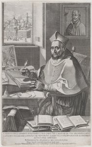 Kardinal Roberto Bellarmino ved skrivebordet hans, skriver, 1604. av Francesco Villamena