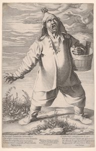 Geminiano Caldarostaro gråter og holder et badekar, med en hatt med dusk, ca. 1597-1601. av Francesco Villamena