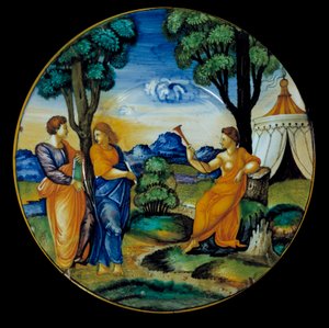 Fajansefat laget av Francesco Xanto Aveli (aktiv rundt 1530/1540) som representerer Parnassus. Realiser i Urbino. 1530. Paris, Louvre-museet
