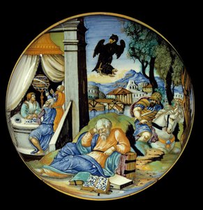 Kutt i lavt ben: Allegori om skjebne. Fajanse. Laget av Francesco Avelli Xanto (aktiv rundt 1530/1540)