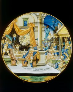 Fristelse av Guiseppe Ebreo, tallerken av Francesco Xanto Avelli bevart i Museo Nazionale del Bargello, Firenze