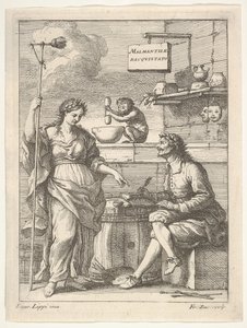 En ape som arbeider med en morter og en stamper, nedenfor Lorenzo Lippi skriver sin humoristiske ..., ca. 1710-64. av Francesco Zuccarelli