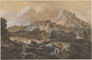 Fjellrikt elvelandskap med badende av Francesco Zuccarelli