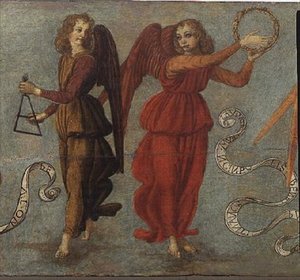 Engler som spiller tamburin og trekanten, ca. 1475-97 (tempera på panel) (detalj av 64871, se også 64872 og 64874) av Francesco attr. to Botticini