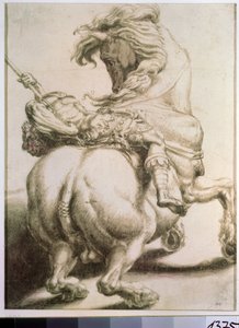 Rytter gjennomboret av et spyd. Tegning av Francesco de Rossi (1510-1563). Grisaille på papir, 20 x 15 cm