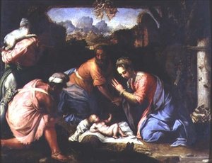 Tilbedelse av hyrdene, ca. 1525 (panel) av Francesco de Rossi Salviati Cecchino